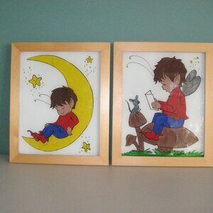2 Reverse Paintings on Glass ~ Cartoon Fairy Boys 9 x11 Childs Room Vntg. 1970